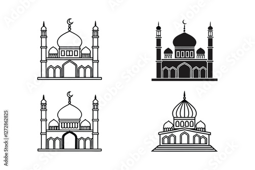 Mosques Silhouettes and line-art versions with domes and minarets