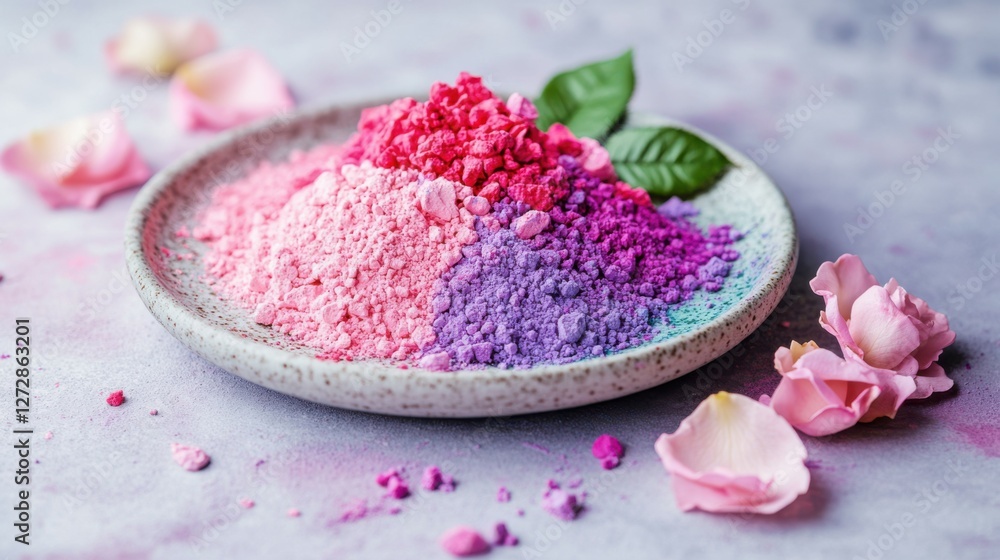 Happy Holi background, a marble plate with a mix of Holi powders, surrounded by a few delicate rose petals and a small green leaf, on a light purple-to-pastel blue gradient background Happy Holi background, a marble plate with a mix of Holi powders, surrounded by a few delicate rose petals and a small green leaf, on a light purple-to-pastel blue gradient background