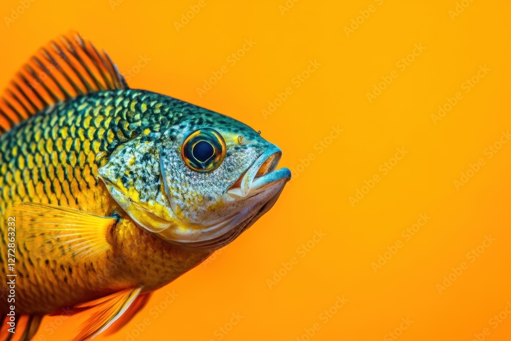 Fototapeta premium Vivid fish portrait against a bright orange background