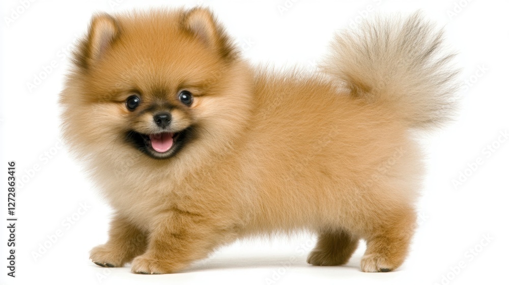 Playful Pomeranian Puppy with Fluffy Coat and Joyful Expression on White Background Playful Pomeranian Puppy with Fluffy Coat and Joyful Expression on White Background