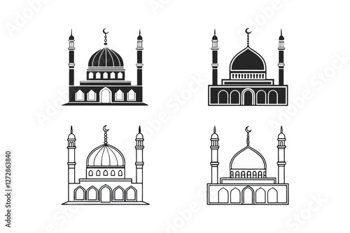Mosques Silhouettes and line-art versions with domes and minarets