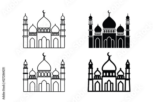 Mosques Silhouettes and line-art versions with domes and minarets