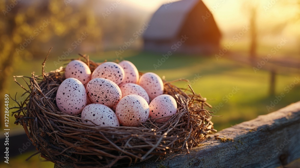 Obraz premium Happy Easter Sunday background, A beautifully woven birdâ€™s nest filled with pastel speckled eggs, resting on an old wooden fence, with a blurred countryside barn glowing in warm golden