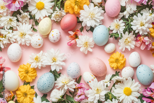 easter eggs and flowers spring background