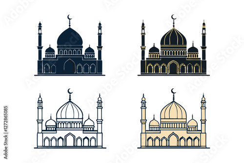 Mosques Silhouettes and line-art versions with domes and minarets