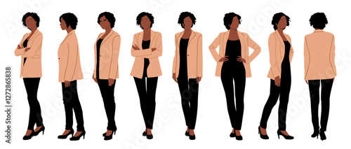 Business woman character standing in different full length poses, front, side, back view. Vector realistic people illustration set isolated on transparent background.