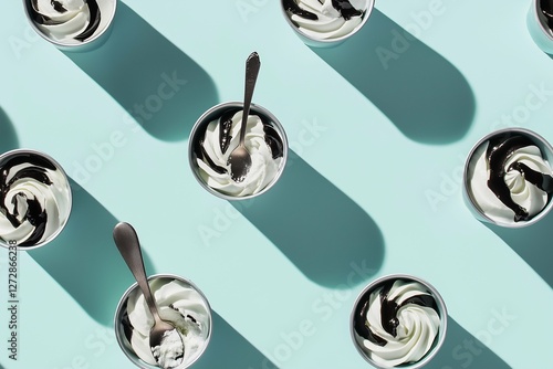 Modern conceptual food photography, layered desserts in glass cups, arranged in a pattern on a monochrome pastel background. Ideal for editorial use, branding, social media content photo