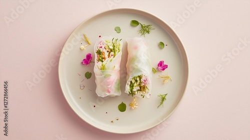 Minimalist food photography featuring fresh vegetable spring rolls wrapped in delicate rice paper, elegantly decorated with edible flowers and microgreens. Ideal for editorial use, restaurant branding