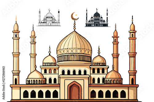 Mosques Silhouettes and line-art versions with domes and minarets