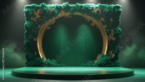Green golden ceremony award stage venue background.
