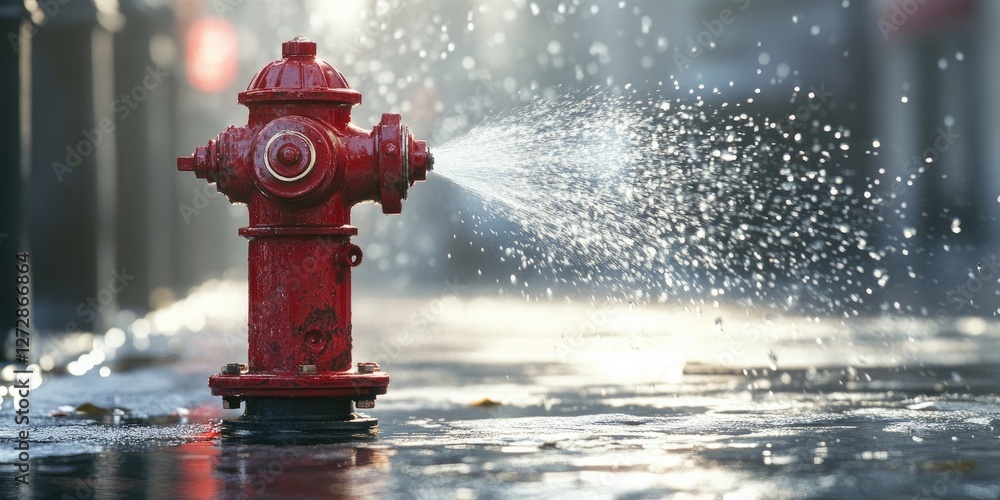 A red fire hydrant spraying water in the street, daytime, photorealistic landscapes, real photography. A red fire hydrant spraying water in the street, daytime, photorealistic landscapes, real photography.