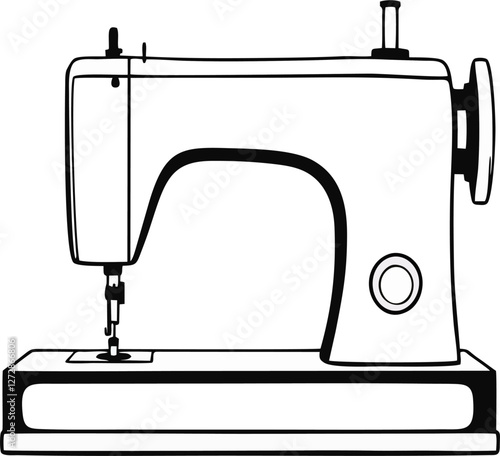 A minimalistic black and white icon of a vintage sewing machine. retro aesthetic, or vintage design