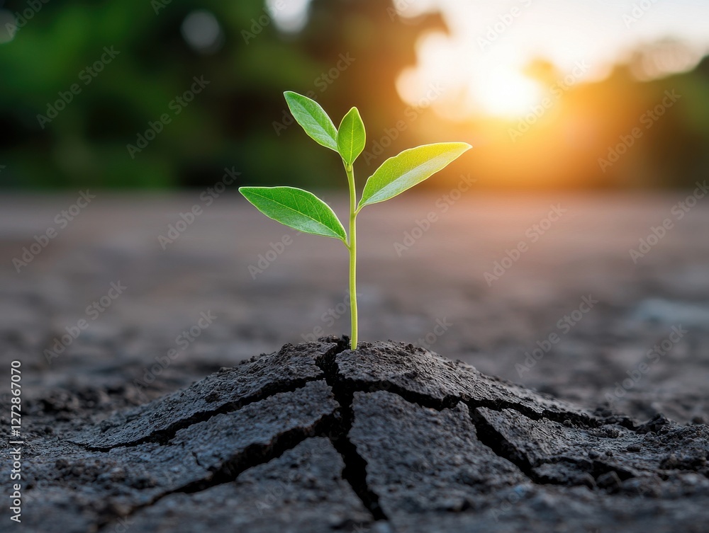 smart long investing growth stocks concept. A small green plant emerges from cracked soil, illuminated by warm sunlight in the background. smart long investing growth stocks concept. A small green plant emerges from cracked soil, illuminated by warm sunlight in the background.