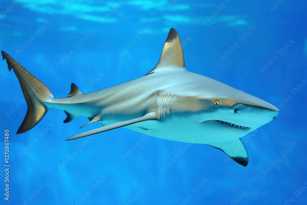 Fototapeta premium A large grey shark swims smoothly in blue ocean water