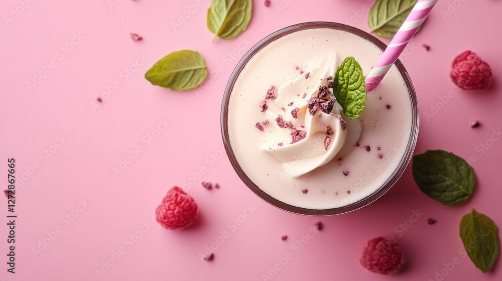 Delicious Raspberry Milkshake with Whipped Cream and Mint Garnish Delicious Raspberry Milkshake with Whipped Cream and Mint Garnish