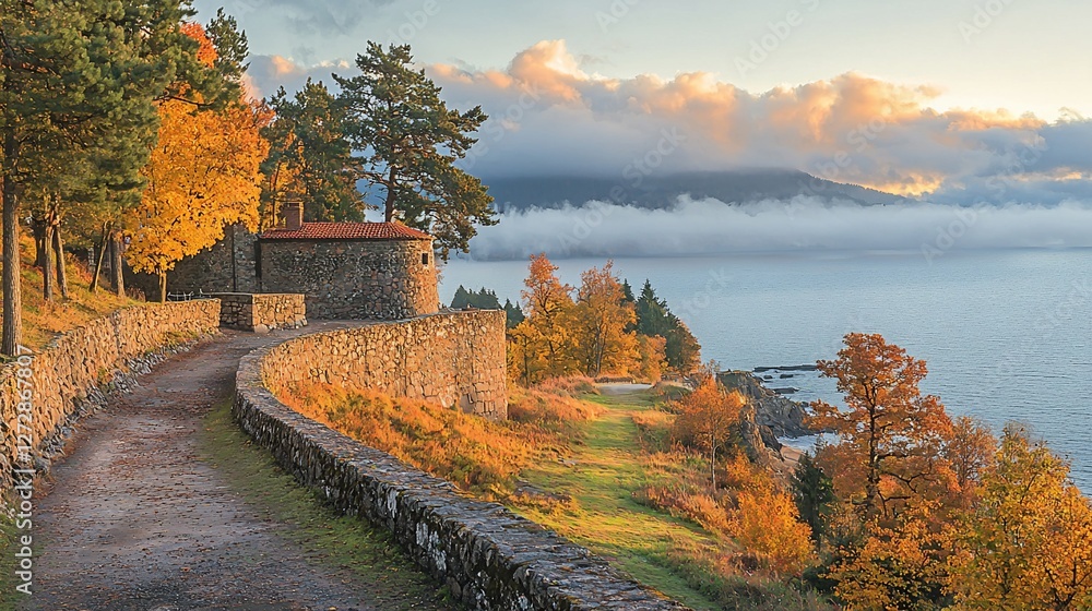 Obraz premium Autumnal coastal path with stone structure and lake view at sunrise.