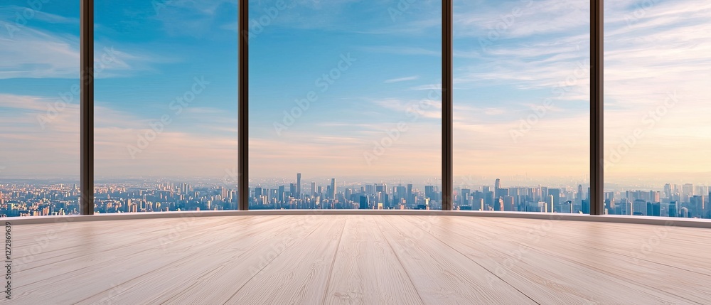 Fototapeta premium A spacious, modern interior with large windows showcasing a stunning city skyline against a bright, clear sky.