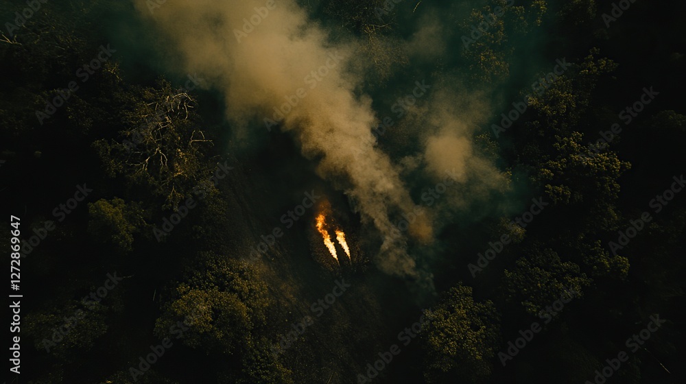 Fototapeta premium Aerial view wildfire smoke forest burning hill