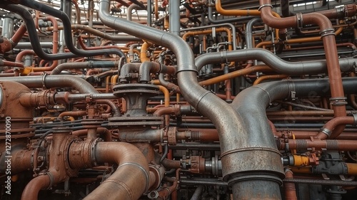 A detailed, close-up view of an industrial valves, pipes, and equipment layout, showing a complex crisscrossing design photo