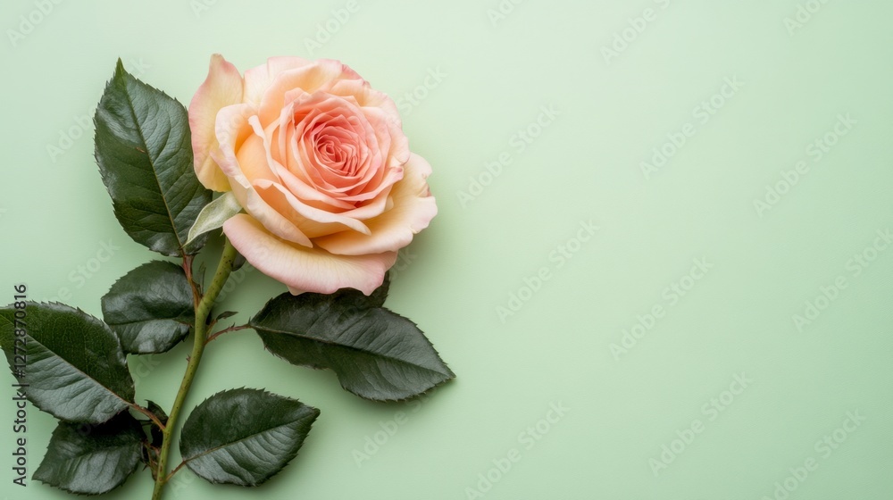 Fototapeta premium Beautiful Soft Pink Rose with Green Leaves on Light Green Background