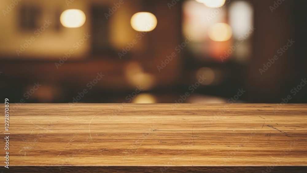 A cozy wooden table with a warm, blurred background ambiance. A cozy wooden table with a warm, blurred background ambiance.
