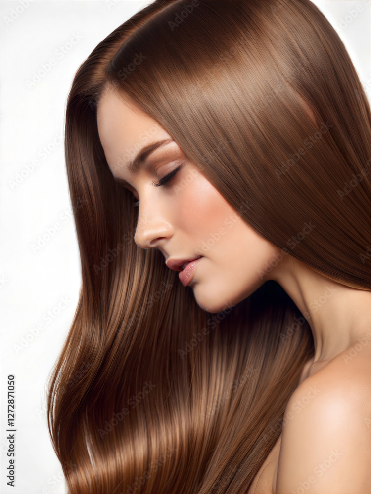 Obraz premium Silky Smooth Hair Cascading Elegantly Over Shoulder in Soft Natural Light