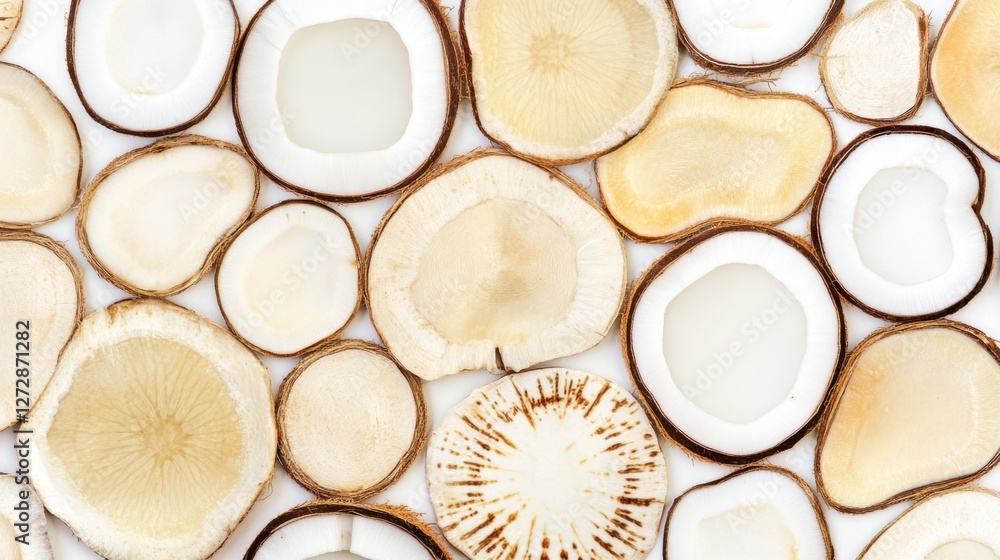 Natural Wood Slices with Beige Tones and Circular Patterns on a Light Background Natural Wood Slices with Beige Tones and Circular Patterns on a Light Background