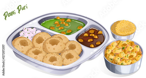 Panipuri Served in Metal Lunch Tray. Puries, Chopped Onions, Mint & Imli Chutneys in Partition Tray. Sev and Golgappa Filling in Separate Containers. Famous Indian Street Food Illustration