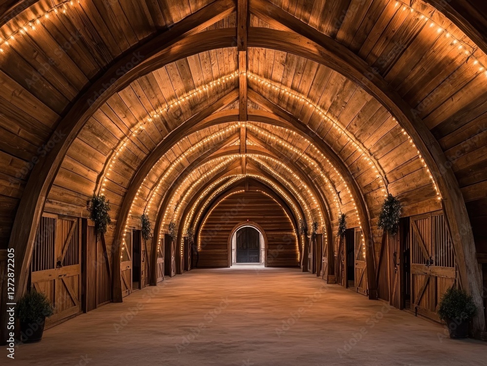 Fototapeta premium Rustic wooden barn interior with warm lighting ambiance