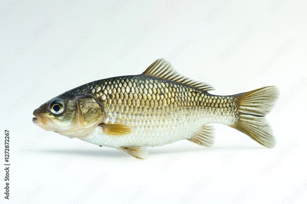 A single carp fish lies horizontally on a plain background A single carp fish lies horizontally on a plain background