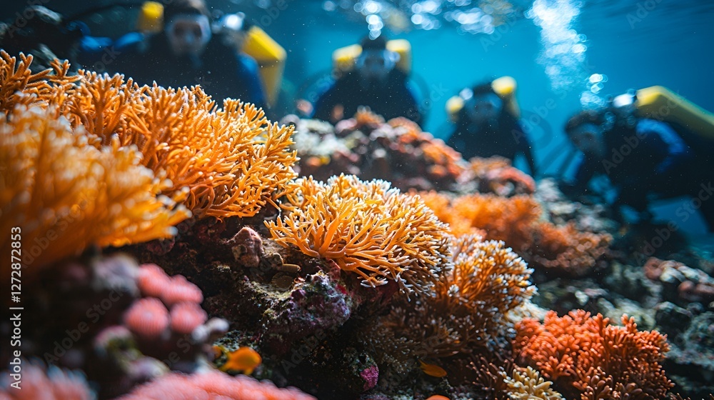 Fototapeta premium Underwater divers exploring coral reef