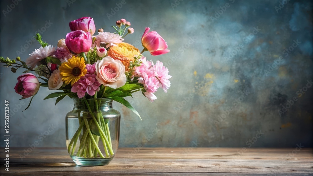 Fototapeta premium beautiful arrangement of flowers in a glass vase, floral composition, decorative