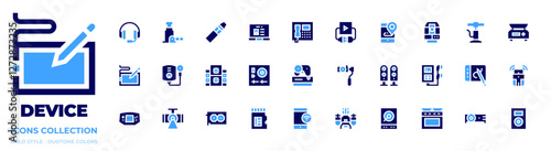 Device icon collection. Bold style. Duotone colors. device, headphones, speakers, hydraulic jack, electronic cigarette, air pump, graphic tablet, total station, water heater, projector, laptop