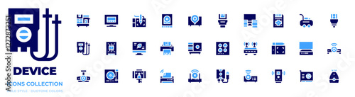 Device icon collection. Bold style. Duotone colors. device, storage, projector, air compressor, shredder, kitchen hood, wifi, video card, leaf, smart tv, connectivity, copy machine, hdmi cable, ssd
