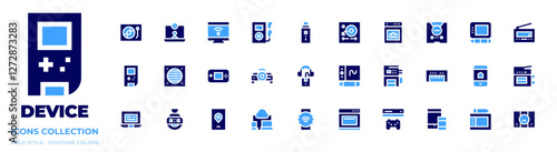 Device icon collection. Bold style. Duotone colors. oven, music player, projector, responsive, graphic tablet, smartphone, drawing tablet, game console, nicotine, audio guide, stopclock, ipad