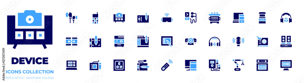 Device icon collection. Bold style. Duotone colors. speakers, microphone, robotic arm, computer, vr glasses, camera, copy machine, socket, transformer, headphones, graphic tablet, voltmeter, oven