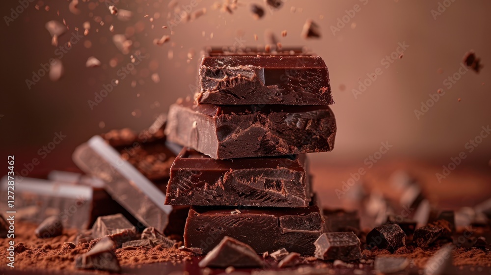 Dark Chocolate Stacked on Cocoa Powder with Crushed Pieces Falling Dark Chocolate Stacked on Cocoa Powder with Crushed Pieces Falling
