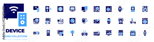 Device icon collection. Bold style. Duotone colors. smartphone, smart tv, ultrasound, projector, kerosene, recording, speaker, washing machine, mp, dj, drying machine, game console, graphic tablet