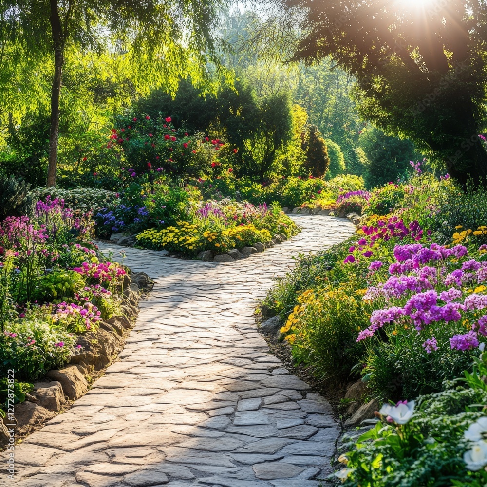Obraz premium Serene Garden Pathway Surrounded by Colorful Flowers and Lush Greenery on a Bright Sunny Day in a Picturesque Nature Setting