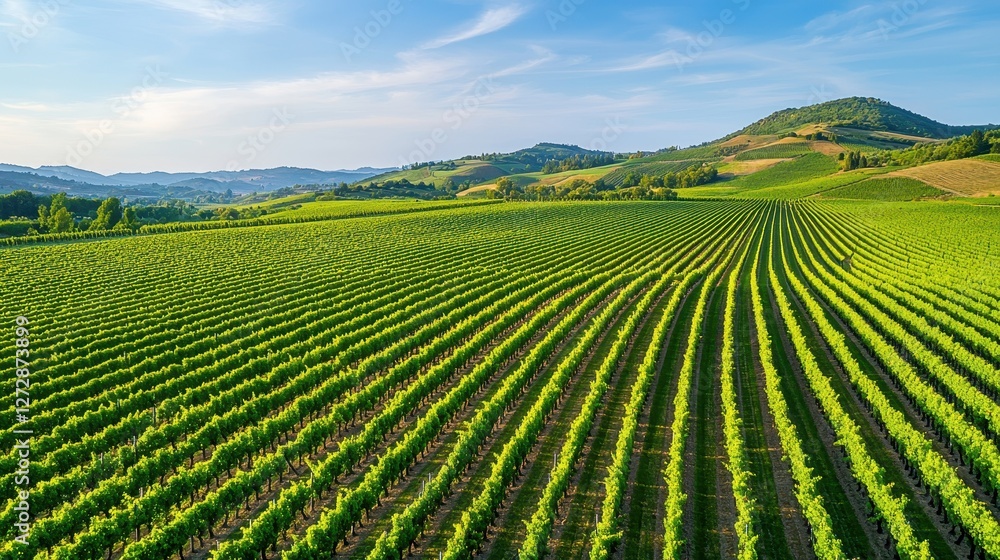 Rolling green vineyards sprawl beneath a partly cloudy blue sky Rolling green vineyards sprawl beneath a partly cloudy blue sky