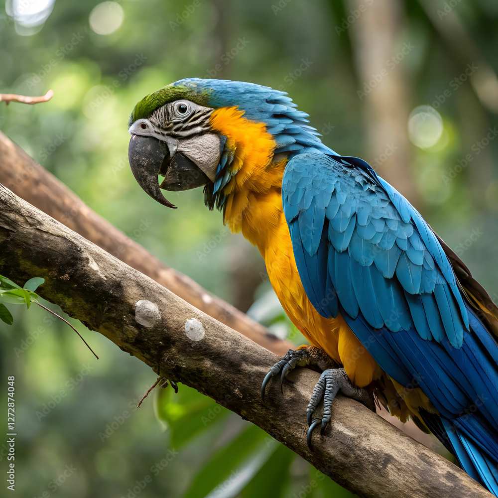 A stunning vibrant blue-and-yellow macaw with detailed feathers and lifelike textures. A stunning vibrant blue-and-yellow macaw with detailed feathers and lifelike textures.