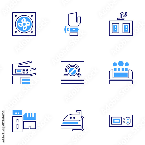 Device icon set. Bold line style. Duotone colors. Editable stroke. smart board, iron, thermostat, bubble, copy machine, pen drive, smartwatch, power strip, fan