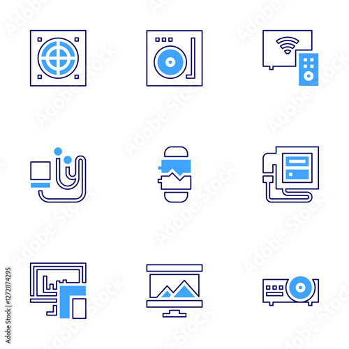 Device icon set. Bold line style. Duotone colors. Editable stroke. smart tv, ultrasound, projector, connectivity, image, turntable, extractor hood, mp player, smartwatch