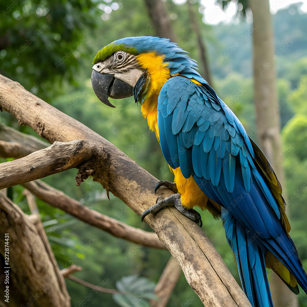 A stunning vibrant blue-and-yellow macaw with detailed feathers and lifelike textures. A stunning vibrant blue-and-yellow macaw with detailed feathers and lifelike textures.