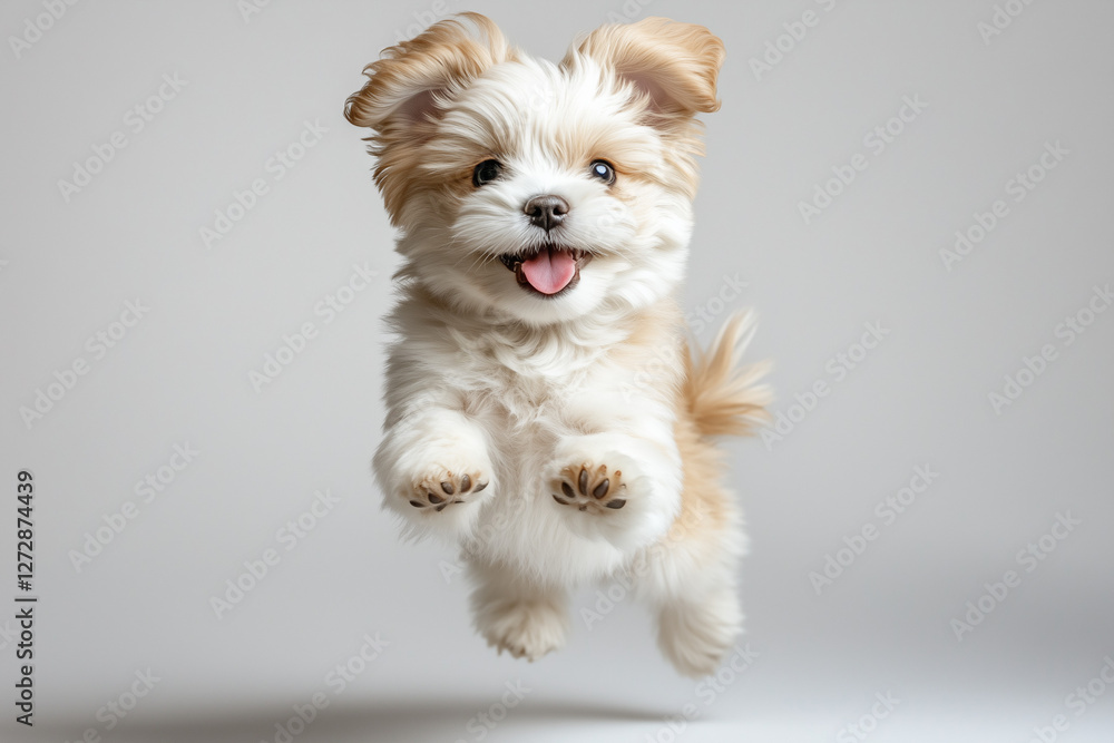 Joyful White Fluffy Puppy Capturing the Essence of Pure Happiness and Boundless Energy in a Spectacular Mid-Air Leap Joyful White Fluffy Puppy Capturing the Essence of Pure Happiness and Boundless Energy in a Spectacular Mid-Air Leap