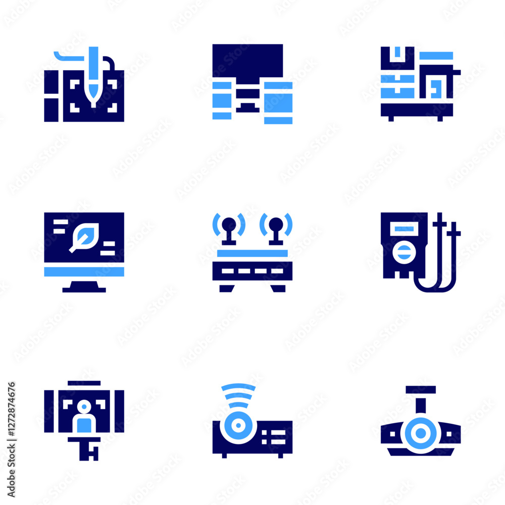 Device icon set. Bold style. Duotone colors. device, projector, leaf, copy machine, voltmeter, selfie, graphic tablet Device icon set. Bold style. Duotone colors. device, projector, leaf, copy machine, voltmeter, selfie, graphic tablet