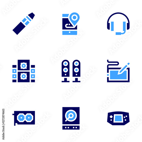 Device icon set. Bold style. Duotone colors. device, headphones, speakers, electronic cigarette, harddrive, woofer, digital drawing, graphic card, game console
