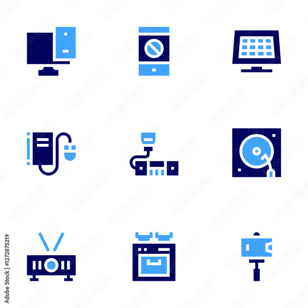 Device icon set. Bold style. Duotone colors. smartphone, stove, responsive, ebook, projector, transceiver, solar panel, turntable, selfie stick
