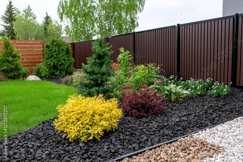 Lush garden bed with vibrant plants and black mulch against a modern brown fence creating a serene outdoor scene showcasing landscape design and horticultural beauty