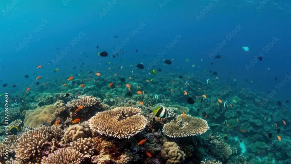 Fototapeta premium Vibrant underwater scene showcasing a coral reef teeming with fish.